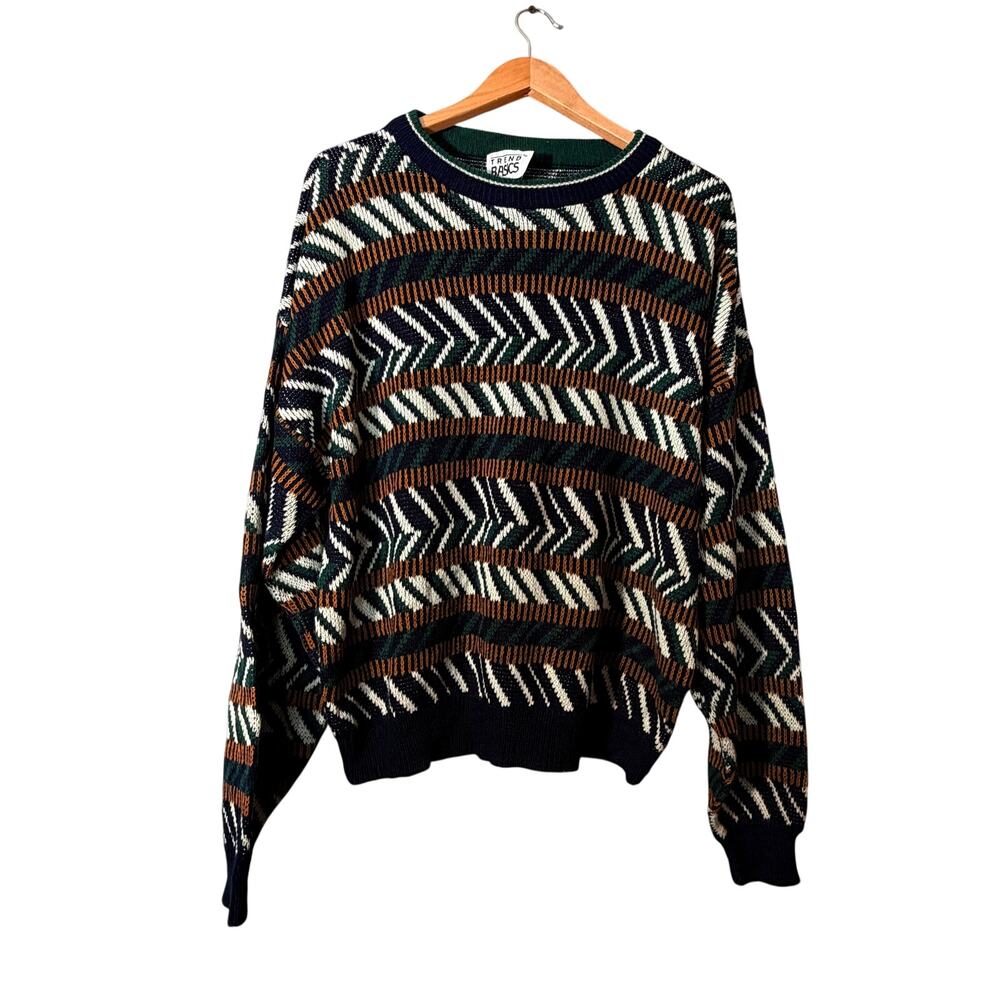 Vintage Trend Basics Geometric Knit Sweater Chevron Pattern Multicolor Crewneck
